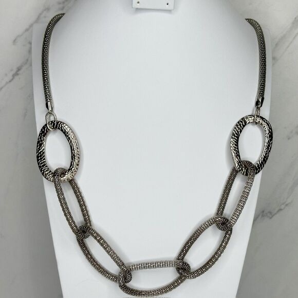 Chunky Metal Mesh Silver Tone Chain Link Long Necklace - Picture 1 of 14
